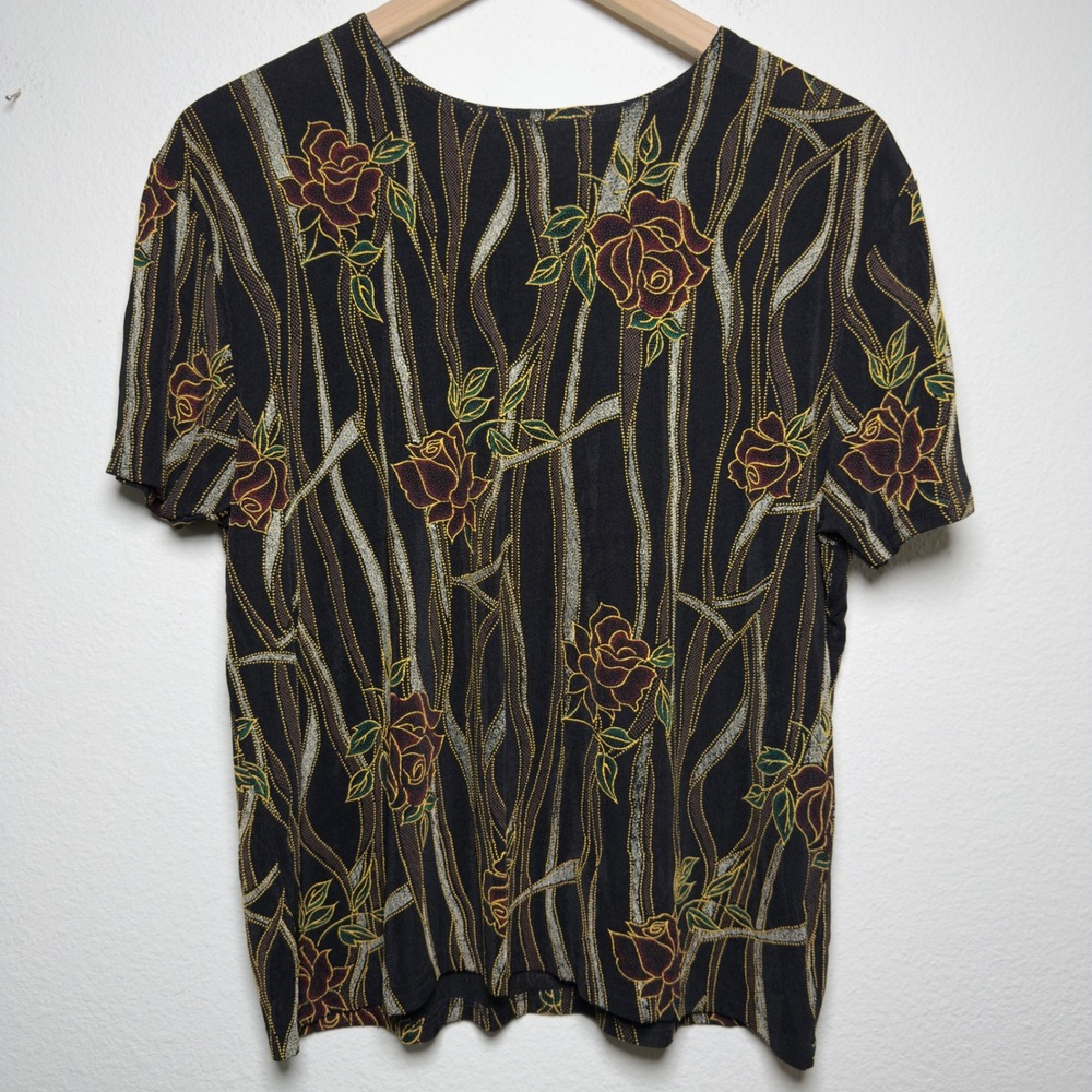VTG 90s Indie Grunge Women Top M Black Rose Floral Print Textured Whimsigoth